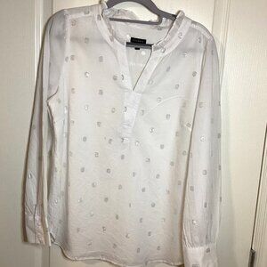Talbots women's White Blouse V-Neckline Subtle Silver Metallic Dot Pattern